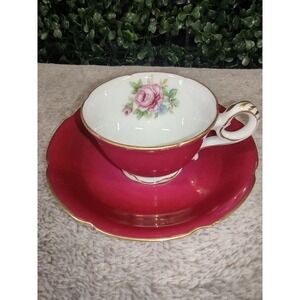 Occupied Japan Red WAKO China Small Tea Cup Saucer‎ Set Rose Floral Gold Accents